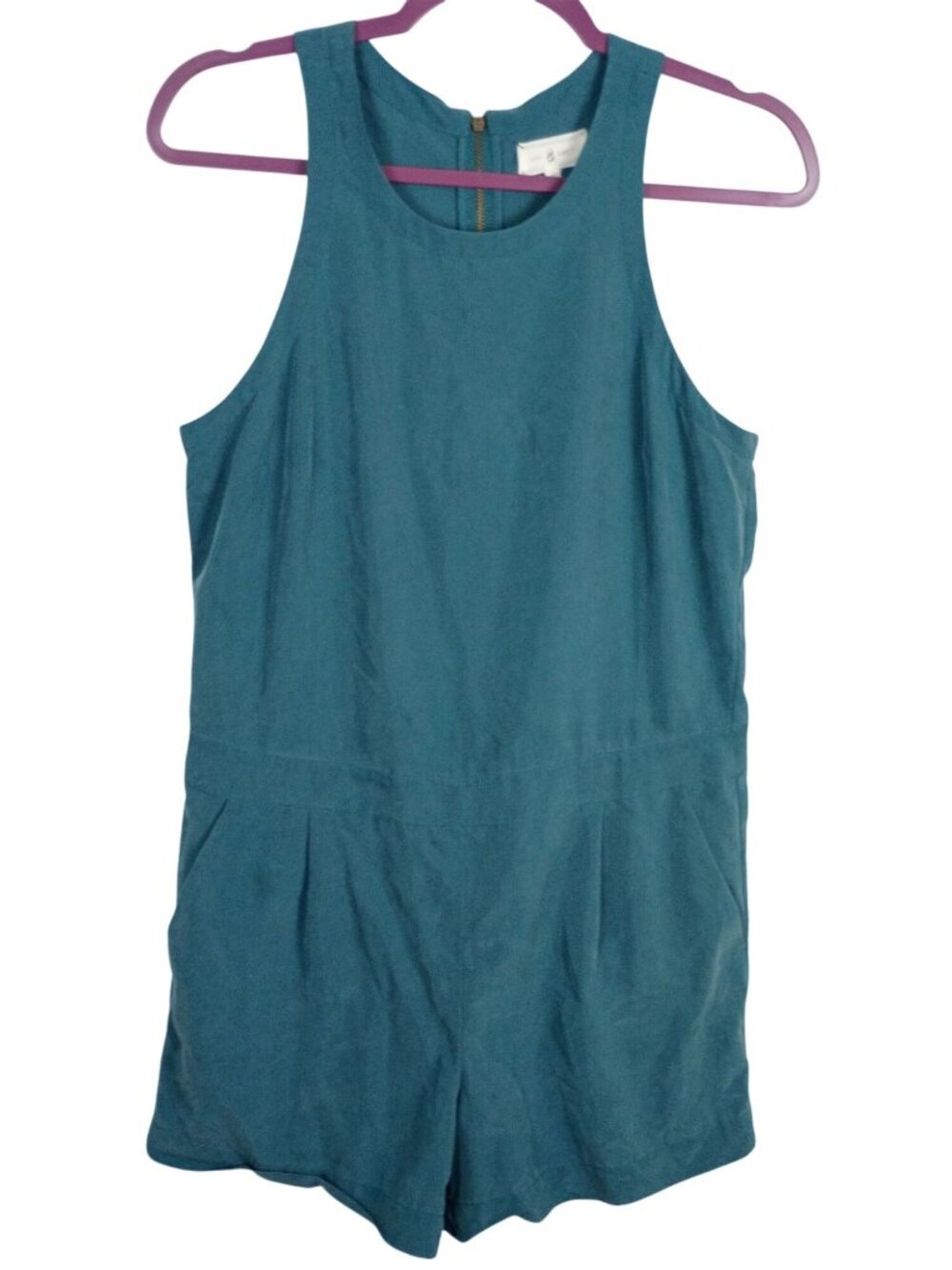 Lou & Grey Romper Womens S Teal Sleeveless High Neck Exposed Back Zip Pockets